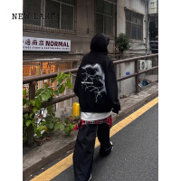 NEW LAKE街头美式闪电字母纯棉连帽卫衣男女春秋国潮情侣炸街宽松外套帽衫