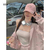 NEW LAKE 奶乎乎大卫衣套组 粉色连帽卫衣女花边吊带宽松休闲裤套装