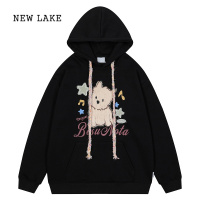 NEW LAKE韩系可爱毛绒小狗刺绣连帽卫衣女春秋情侣宽松慵懒学院风帽衫