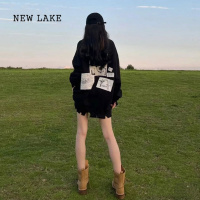 NEW LAKE黑色大码中长款遮屁股卫衣女宽松外套oversize美式学院风上衣