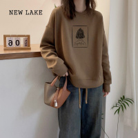 NEW LAKE港味复古咖啡色圆领套头加绒加厚卫衣女纯棉宽松小个子外套潮