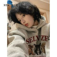 NEW LAKE纯棉美式灰色连帽卫衣女新款加绒加厚宽松oversize圆领上衣潮