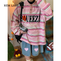 NEW LAKEC2自制/polo领卫衣女美式复古扎染渐变条纹翻领长袖运动上衣