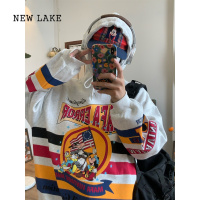 NEW LAKEC2自制/美式复古卡通印花套头连帽卫衣女宽松慵懒学院风潮牌上衣