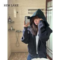 NEW LAKE美式复古格纹狗爪卫衣外套女春秋2024新款oversize慵懒风拉链开衫