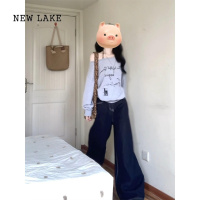NEW LAKE灰色一字肩斜肩卫衣女春秋款宽松露肩长袖标语印花小众设计感上衣