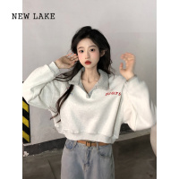 NEW LAKE薄款加厚美式Polo领卫衣女小个子春秋2024新款宽松慵懒风短款上衣