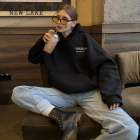 NEW LAKEVintageTang美式复古潮牌黑色加绒连帽卫衣女高街帽衫吉叁D