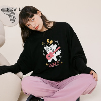 NEW LAKE女士早秋卫衣新款2024新款甜酷风正肩上衣潮流黑色 猫咪印花