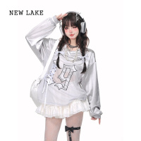 NEW LAKEkellykitty月光银泉美式慵懒chic灰色卫衣女宽松薄款缎面上衣