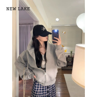 NEW LAKE赵露思同款灰色连帽卫衣外套女2024小个子纯色灰色卫衣开衫女