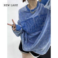 NEW LAKE废柴春秋美式潮牌设计感小众上衣宽松复古重工做旧刺绣圆领卫衣女
