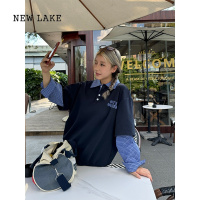 NEW LAKE川川也美式设计格纹拼接假两件Polo卫衣港风男女街头复古春秋上衣