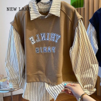 NEW LAKE特大码300斤胖mm设计感宽松字母马甲拼接衬衫假两件卫衣女潮2