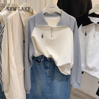 NEW LAKE高品质半拉链撞色翻领卫衣女春2024新款刺绣胸标长袖套头上衣