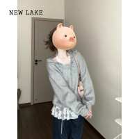 NEW LAKE2024新款灰色木耳领蕾丝拼接连帽卫衣女春秋设计感长袖时尚外套潮