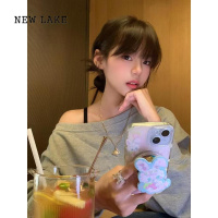 NEW LAKE松弛感灰色斜肩卫衣女春秋2024新款宽松慵懒风一字领露肩辣妹上衣