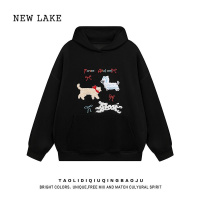 NEW LAKE可爱狗狗毛巾绣连帽卫衣女秋装2024新款宽松bf慵懒风情侣百搭帽衫