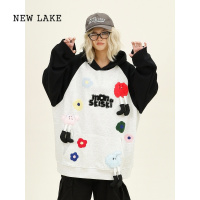 NEW LAKE怕麻烦卡通玩偶连帽卫衣女2024新款宽松bf美式学院风情侣上衣
