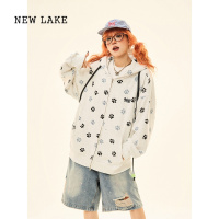 NEW LAKEMAIKAO 美式复古狗爪满印连帽卫衣女侣宽松开衫外套上衣