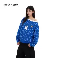NEW LAKEMTTEAT斜肩条纹卫衣女复古美式春秋字母印花宽松运动辣妹球衣长袖
