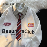 NEW LAKE美式学院风polo领带假两件卫衣女加绒宽松韩系慵懒风长袖外套