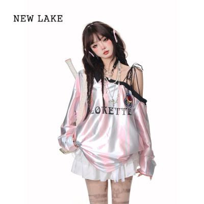 NEW LAKEkellykitty足球宝贝 美式斜肩棒球服卫衣女宽松条纹运动上衣