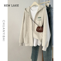 NEW LAKE川一百灰色连帽宽松拉链卫衣女带帽印花字母开衫慵懒外套bf风