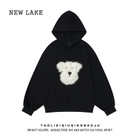 NEW LAKE可爱毛绒小狗黑色连帽卫衣外套女宽松情侣装美式复古上衣潮牌