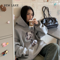 NEW LAKE明星同款斑点狗狗印花连帽卫衣女套头外套宽松慵懒灰色帽衫