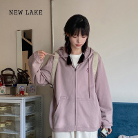 NEW LAKE奶兔星球-自制 小玫瑰花刺绣拉链连帽卫衣女春秋宽松慵懒风外套