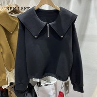 NEW LAKE2024春新款设计感减龄宽松半拉链大翻领卫衣女短款套头娃娃领上衣