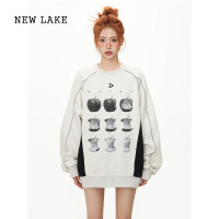 NEW LAKE辣目子黑美式无帽圆领卫衣女加绒高级感薄款插肩宽松长袖上衣