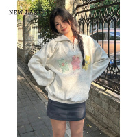 NEW LAKEoversize半拉链卫衣女三只小熊高领宽松长袖美式复古灰色上衣