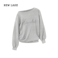 NEW LAKEHiimDai 美式复古烫钻一字肩斜肩卫衣女千禧辣妹宽松显瘦露肩上衣