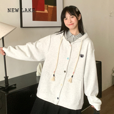 NEW LAKE小雨良品日系美式彩色扣子oversize灰色连帽开衫卫衣外套女春秋款