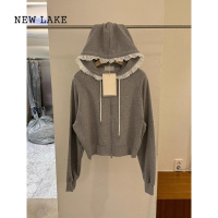 NEW LAKE韩国东大门2024秋装新款时尚蕾丝花边连帽长袖拉链开衫卫衣外套女