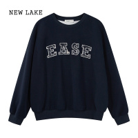 NEW LAKE羊城故事 藏蓝色圆领字母刺绣套头卫衣女早秋慵懒风宽松显瘦上衣