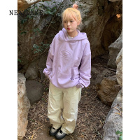 NEW LAKE美式复古紫色连帽卫衣女立体压花长袖宽松情侣外套慵懒风上衣