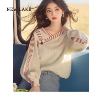 NEW LAKE早秋2024新款韩系慵懒风看小个子宽松斜肩杏色条纹长袖卫衣女