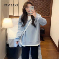 NEW LAKE大码胖mm连帽卫衣女新款宽松慵懒风设计感小众假两件外套上衣