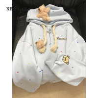 NEW LAKE国潮牌可爱拆卸毛绒小熊波点连帽卫衣女设计感时尚开衫外套潮