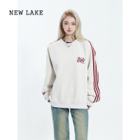 NEW LAKE美式侧边条纹拼接刺绣圆领卫衣女复古宽松情侣运动休闲套头衫上衣