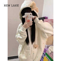 NEW LAKE原创可爱拆卸毛绒小熊连帽卫衣女开衫波点设计感拉链情侣外套