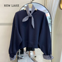 NEW LAKE格子丝巾拼接圆领卫衣外套女2024春秋宽松慵懒风洋气减龄T恤上衣