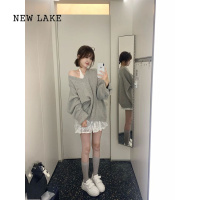NEW LAKE甜辣性感蕾丝挂脖裙薄透修身打底叠穿灰色宽松卫衣早秋时尚套装女