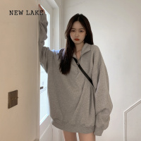 NEW LAKE灰色polo领半拉链卫衣女春秋薄款韩版宽松bf慵懒风长袖上衣ins潮