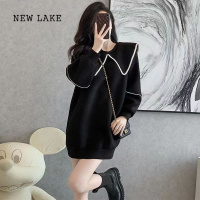 NEW LAKE娃娃领卫衣女春秋2024新款中长款时尚洋气减龄遮屁股卫衣裙小个子
