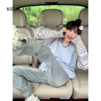 NEW LAKE蓝色宽松2024年新款毛衣女春秋拼接设计感上衣美式复古插肩袖卫衣