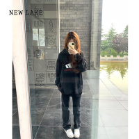 NEW LAKE美式复古印花黑色无绳连帽衫卫衣女男宽松设计国潮牌长袖上衣